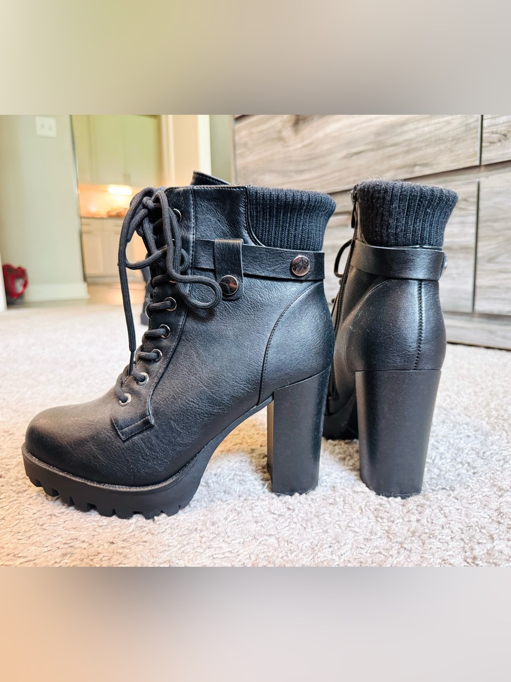 Dream Paris Black Lace-Up Chunky Heel Ankle Boots